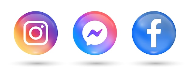 Ícones populares de mídia social em botões 3D logotipos do Facebook Instagram Messenger no círculo moderno
