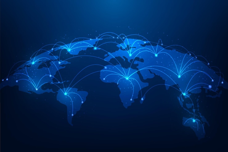 Vetor conexão de tecnologia de rede global de internet no vetor de fundo azul escuro