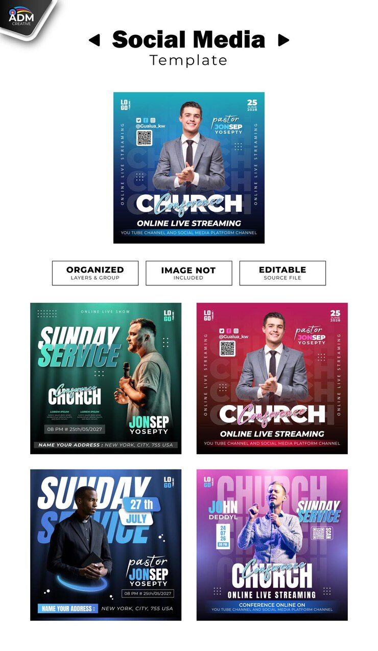 Vetor conferência da igreja mídia social postflyer e web banner template