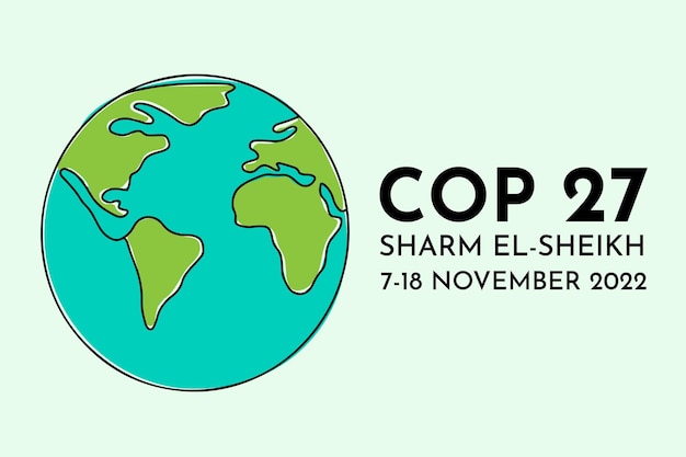 Conferência das Nações Unidas sobre Mudanças Climáticas 2022 COP 27 vector banner design com ícone de cor de contorno do planeta