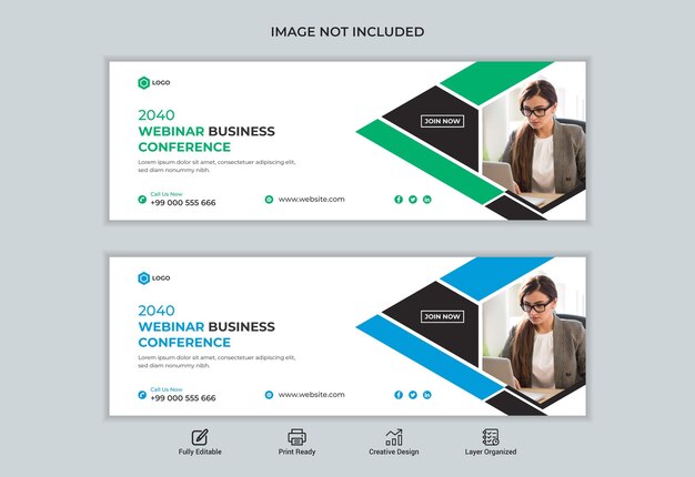 Conferência de webinar de negócios modernos e corporativos e banner da web de capa do facebook de mídia social.