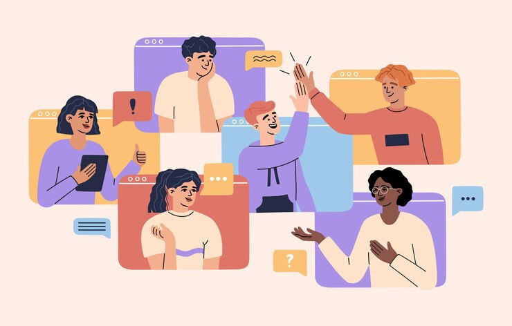 Conferência virtual com homens e mulheres da equipe colegas trabalhadores conceito de videochamada on-line na tela do computador