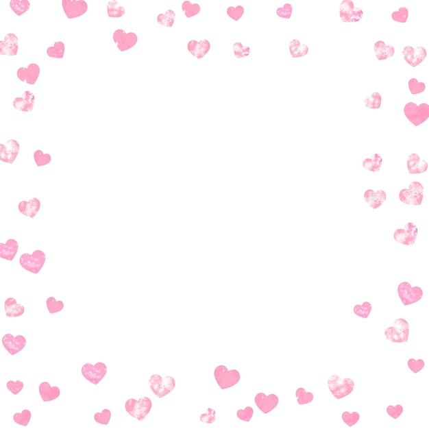Confete de corações de purpurina rosa em pano de fundo isolado lantejoulas caindo com brilho metálico design com corações de purpurina rosa para cartão de chá de panela e convite para salvar a data