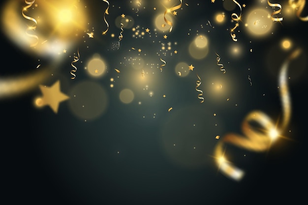 Confete dourado cai sobre um fundo bonito. Flâmulas caindo no palco.
