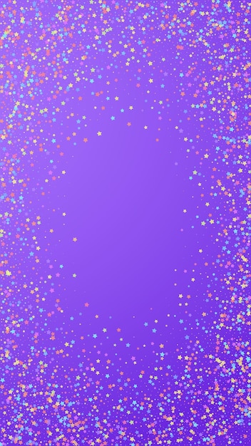 Confetes magnéticos festivos. Estrelas de celebração. Estrelas coloridas pequenas em fundo violeta. Modelo de sobreposição festivo fascinante. Fundo vertical do vetor.