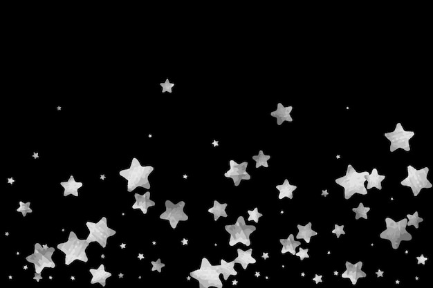 Confeti de estrela prateada. Fundo de aniversário estrelado caindo. Cartão de Natal vetorial cinza e preto. Estrelas prateadas aleatórias em fundo preto. Céu escuro com estrelas brancas brilhantes de aquarela. Confeti voador.