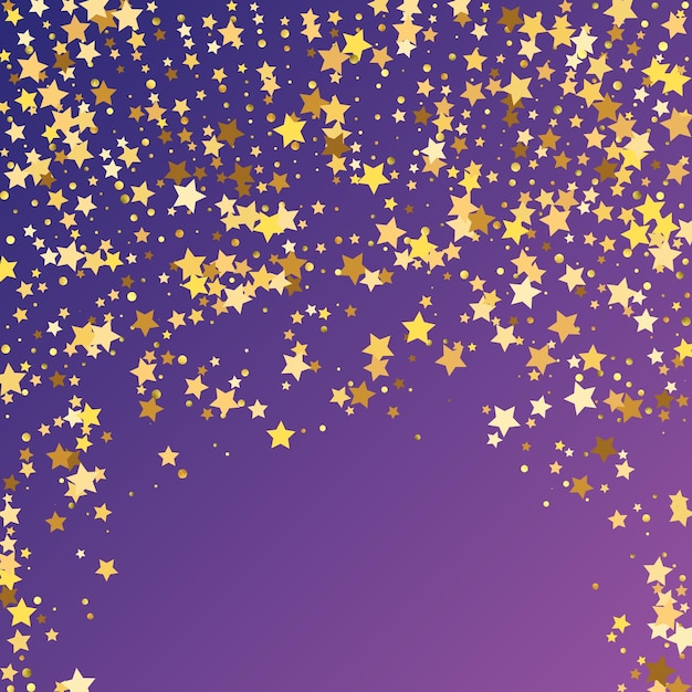 Vetor confetti de lantejoulas estrela em fundo roxo neon. glitter dourado do vetor. partículas caindo no chão. cartão de aniversário plano isolado. bandeira de estrelas douradas. modelo de vale-presente de voucher. quadro de festa de natal.