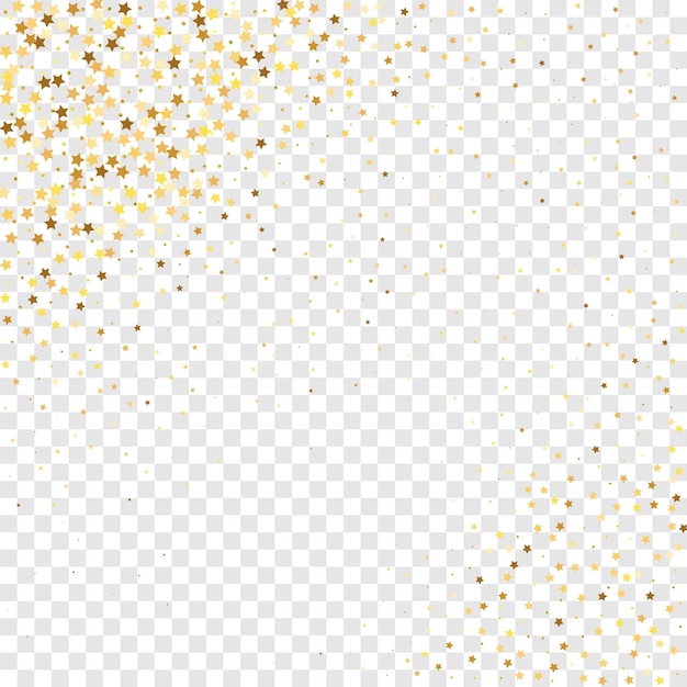 Vetor confetti de lantejoulas estrela em fundo transparente. glitter dourado do vetor. partículas caindo no chão. quadro de festa de natal. modelo de vale-presente de voucher. cartão de aniversário plano isolado. bandeira de estrelas douradas.