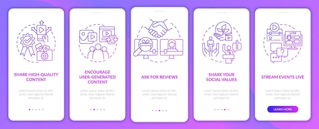 Confie na tela de aplicativo móvel de integração de gradiente roxo de mídia social prova passo a passo 5 etapas páginas de instruções gráficas com conceitos lineares ui ux modelo de gui myriad probold fontes regulares usadas