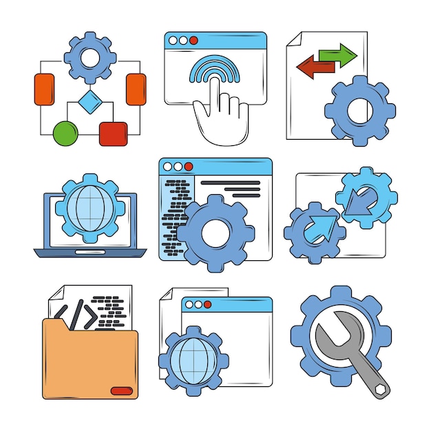 Vetor configuração de codificação de software digital de desenvolvimento web suporta ilustração de ícones de processo