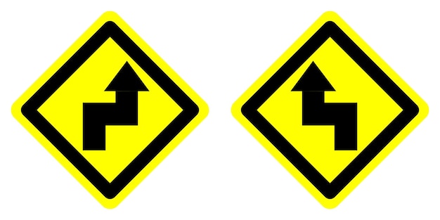 Vetor configuração de forma de diamante amarelo dobras curvas acentuadas à direita e à esquerda seta direção do sinal de alerta de trânsito rodoviário