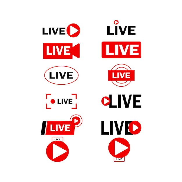 Configuração de ícones de transmissão ao vivo Símbolos vermelhos e botões de transmissão ao vivo