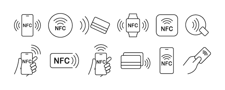 Vetor configuração de ícones nfc logotipo de pagamento sem contato sem fio ícones nfc de pagamentos sem contato para aplicativos ícones de pagamento nfc de pagamento nfc com ícones de smartphone ilustração vetorial