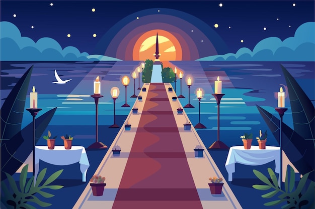 Vetor configuração de jantar romântico em um cais ao pôr-do-sol com uma longa mesa alinhada com velas levando para um arco com tons quentes de pôr- do-sol emoldurado pelo céu noturno com estrelas e uma lua crescente