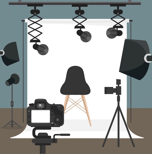 Configuração do estúdio de fotografia com iluminação e equipamento de câmara