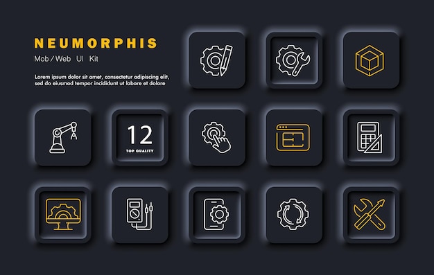 Configurações icon de linha de configuração gear lápis chave de fenda monitor escala de site cursor de rato estilo neomorphism ícone de linha vetorial para negócios e publicidade