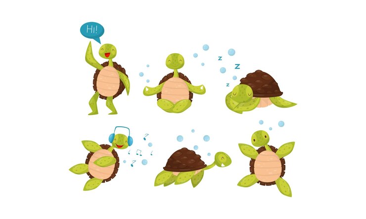 Vetor configurado com bonitos bebês tartarugas em diferentes poses ativas saudações meditando com ioga ouvindo música dormindo nadando ilustrações vetoriais personagens de desenhos animados isolados com fundo branco