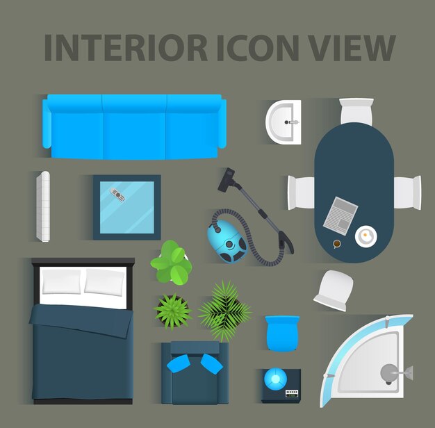 Configure a vista superior para o desenho de ícones interiores ilustração vetorial isolada ícone de vista superior interior plano