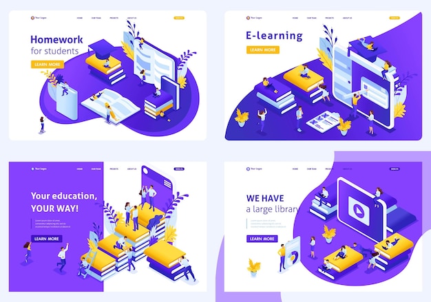 Configure conceito isométrico design de modelo para estudantes de e-learning, ensino secundário, aprendizagem de línguas estrangeiras, mais especializações. fácil de editar e personalizar.
