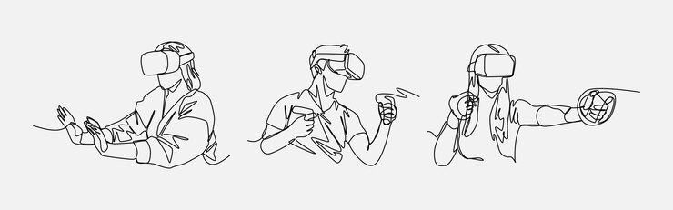 Vetor configure desenho de linha contínua de diferentes pessoas jogando jogo usando fone de ouvido vr vector de linha editável
