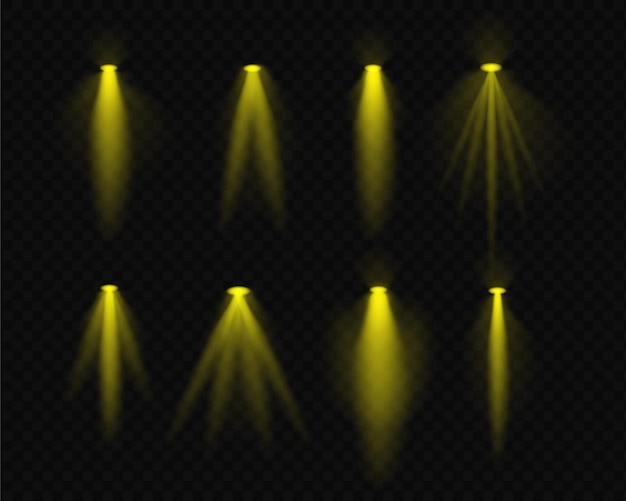 Configure feixes de spotlight realistas dourados que se assemelham a lâmpadas aéreas e luzes de projetor com brilho suave e raios de luz em um fundo transparente Ideal para realce e efeitos decorativos