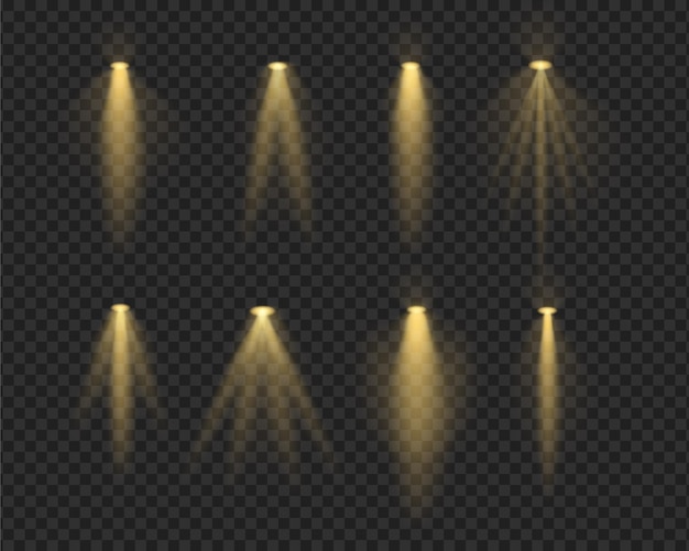 Configure feixes de spotlight realistas dourados que se assemelham a lâmpadas aéreas e luzes de projetor com brilho suave e raios de luz em um fundo transparente Ideal para realce e efeitos decorativos