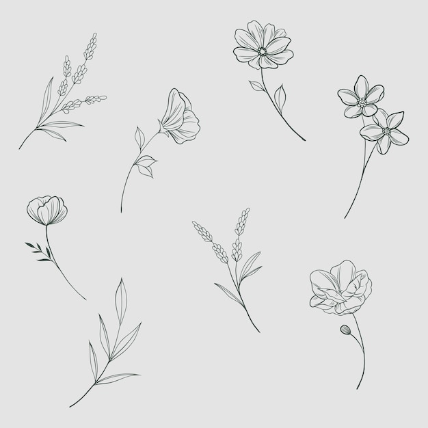 Configure galho floral e flores minimalistas para logotipo ou tatuagem