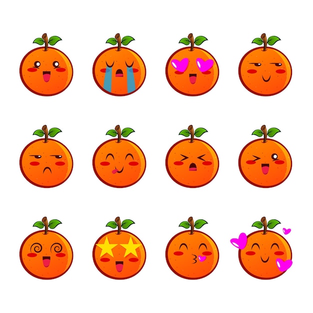 Vetor configure ícones laranja emojis coleção de emoticons de frutas em estilo de desenho animado isolado