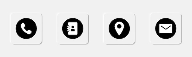Vetor configure o ícone de contato conosco ícones de suporte ícone de contato em círculo símbolo de telefone indicador de localização em preto