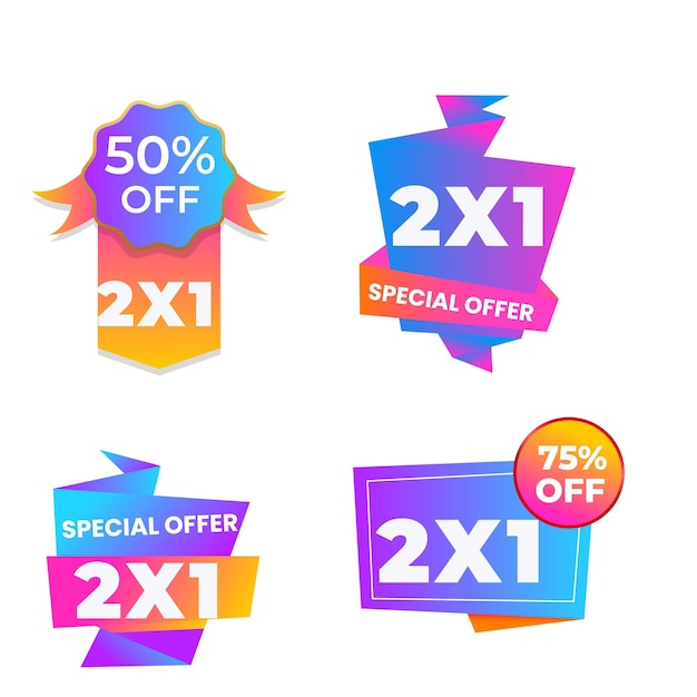 Configure rótulos e banners de promoção 2x1 publicidade de oferta especial design de etiqueta de tempo limitado