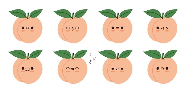 Vetor configure um bonito personagem de fruta de pêssego kawaii com um emoji engraçado peach fuzz ilustração de desenho animado de cor