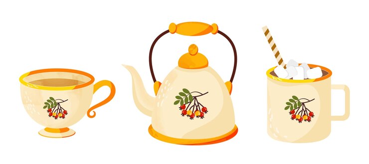 Vetor configure xícara de chá e xícara de cacau com rowanberries ilustração vetorial de vibração de outono