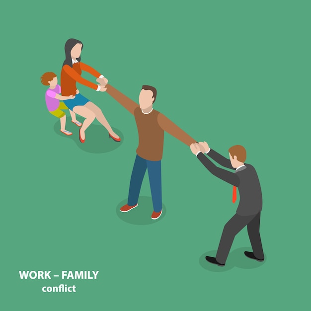 Conflito de trabalho-família vector plano isométrico conceito.