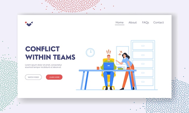 Conflito dentro de equipes landing page modelo empresária e homem discutindo e brigando no conceito de desacordo de disputa de negócios de escritório com personagens gritar e lutar ilustração vetorial dos desenhos animados