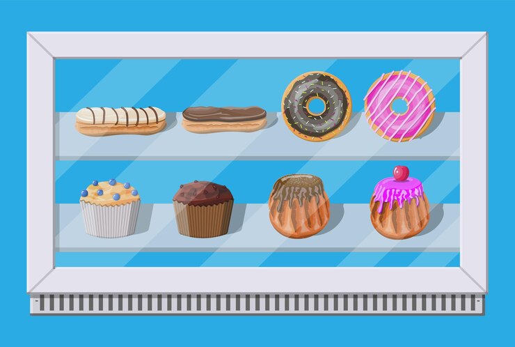Vetor congelador de vitrine de padaria com bolos e pastelaria. donut, muffin, cupcake e eclair. ilustração vetorial em estilo simples