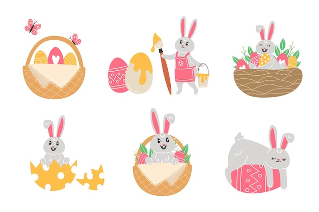 Conhece coelhinhos de Páscoa com ovos de Páscua e cesta