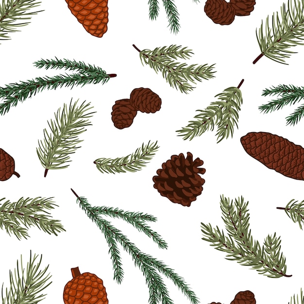 Coníferas e galhos vetoriais padrão sem costura Pinheiro abeto cedro larício cones de abeto inverno