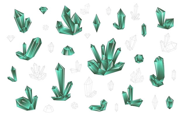 Conjunto 18 isolado no estilo moderno de diamantes coloridos de moda branca. elegante cristal transparente em azul e verde. cristais surrealistas. gemas estilizadas. pedras naturais. diamantes e strass