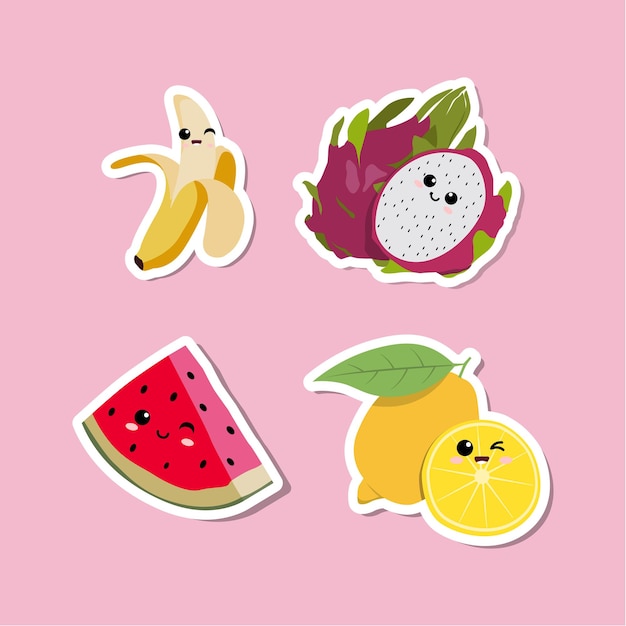 Conjunto 2 de adesivos de frutas engraçadas do kawaii