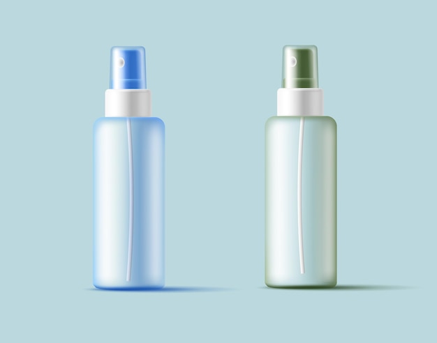 Conjunto 3d de sprays antissépticos vazios para mãos e corpo Garrafas transparentes com um tom azulado e verde