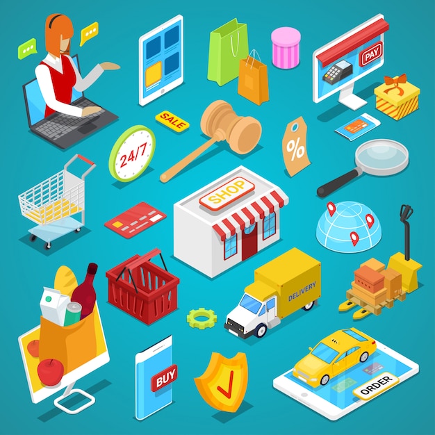 Conjunto 3D isométrico de compras online