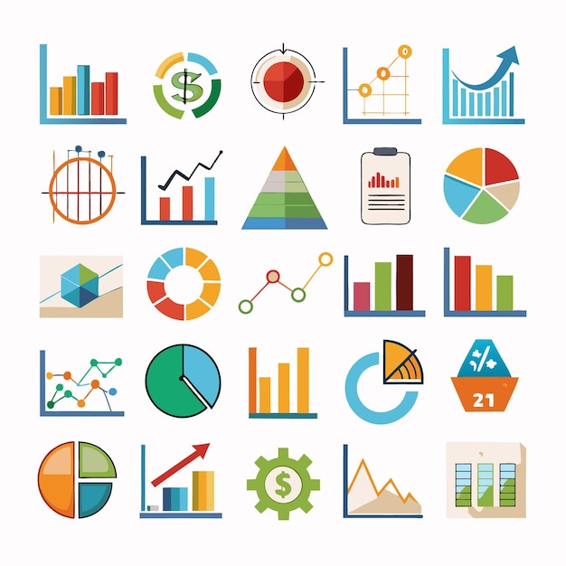 Conjunto abrangente de ícones de negócios e análises para visualização de dados e análise financeira