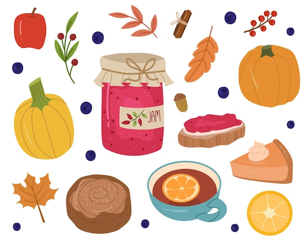 Conjunto aconchegante de outono com geléia, chá, pão, abóboras, maçã, folhas e grãos. ilustração em vetor mão desenhada dos desenhos animados.