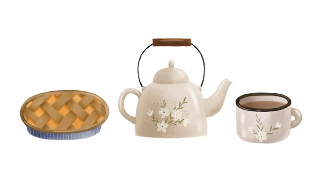 conjunto aconchegante e higiênico com elementos isolados de outono Conjunto de folhas de outono chaleira xícara de café bolos de velas