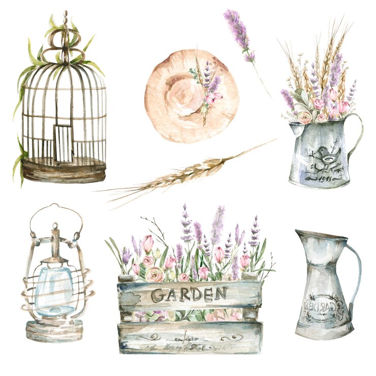 Vetor conjunto aquarela provence chapéu um jarro de flores de lavanda rosas orelhas lanterna célula gaiola de pássaro