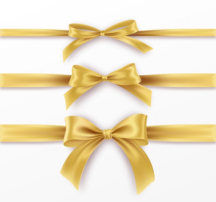 Vetor conjunto arco dourado e fita em fundo branco. arco de ouro realista.