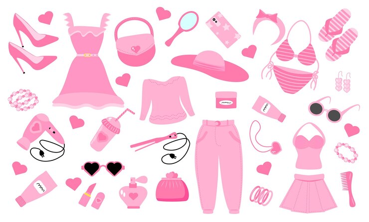 Vetor conjunto barbiecore glamouroso e moderno conjunto rosa boneca rosa acessórios estéticos e roupas