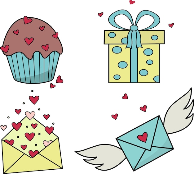 Conjunto bonito com presente de carta de cupcake para o evento romântico de casamento do dia dos namorados vetor de contorno
