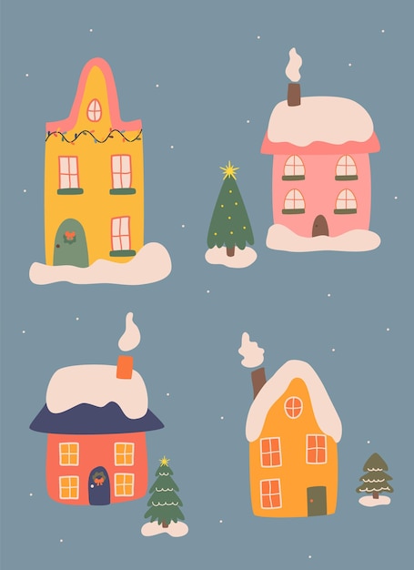 conjunto bonito de casas de Natal nevadas ilustração vetorial