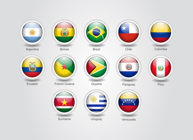 Conjunto de bandeiras nacionais oficiais de países da américa do sul  redondas de ícones brilhantes 3d